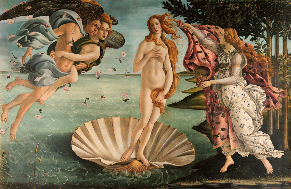 Botticelli Zrodenie Venuše (Uffizi, Florencia), asi 1484 – 1485